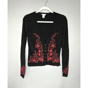 Vintage Cache Cardigan Women S Black Red 90s Y2K Asian Floral Embroidered Fitted